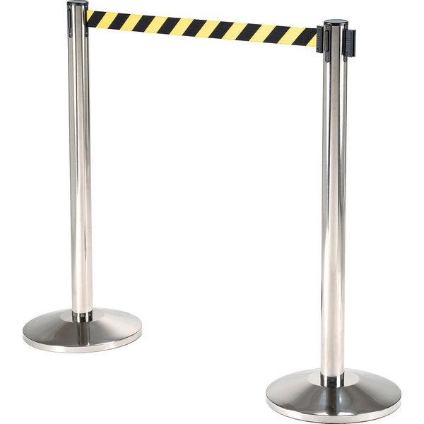 Global Industrial Retractable Belt Barrier, 40 Stainless Steel Post, 10' Black/Yellow Belt 708415YB